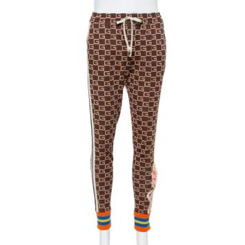 Pre Owned Gucci Brown Logo Intarsia Knit Side Stripe & Applique Detail Mid-Rise Trousers XS
