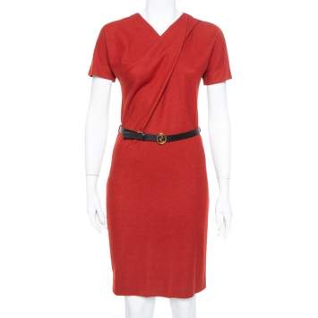 Pre Owned Gucci Red Fleece Wool Flared Belted Midi Dress M