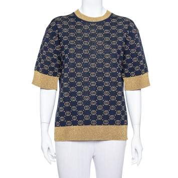 Pre Owned Gucci Navy Blue Logo Pattern Lurex Knit Short Sleeve Sweater S