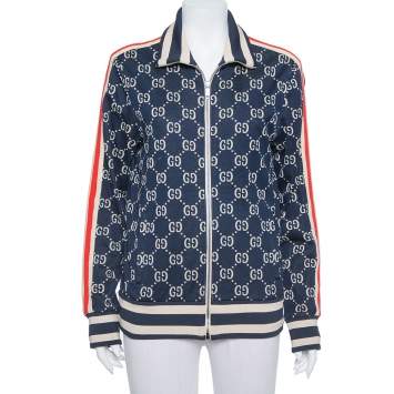 Pre Owned Gucci Navy Blue GG Jacquard Cotton Zipper Front Jacket M