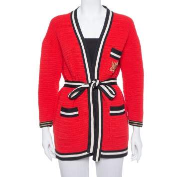Pre Owned Gucci Red Knit Contrast Trim Detail Open Front Belted Cardigan S