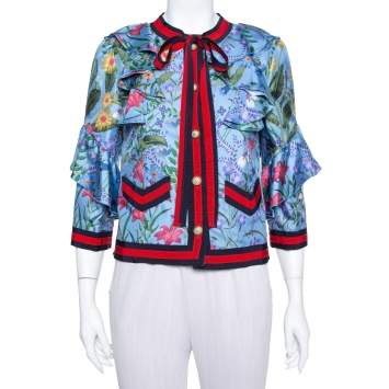 Pre Owned Gucci Blue Neck Tie Detail Flora Silk Jacket M