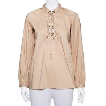 Pre Owned Gucci Beige Cotton Criss Cross Tie Detail Top M