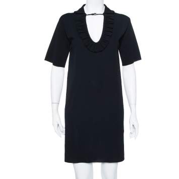 Pre Owned Gucci Black Knit Ruffle Detail Shift Dress S
