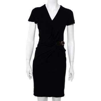 Pre Owned Gucci Navy Blue Wool Faux Wrap Belt Detail Sheath Dress S