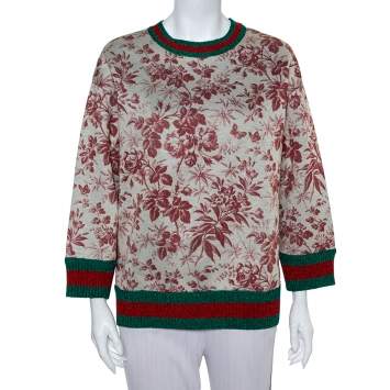Pre Owned Gucci Beige Knit Vintage Floral Print Lurex Web Stripe Detail Sweatshirt L