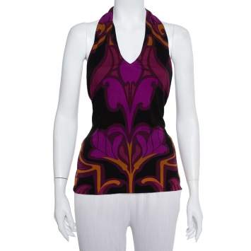 Pre Owned Gucci Multicolor Knit Printed Halter Neck Top M