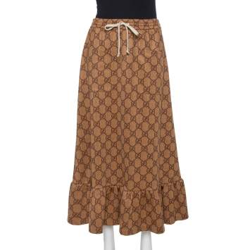 Pre Owned Gucci Beige Knit Logo Monogram Detail Ruffled Midi Skirt XS