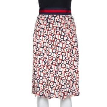 Pre Owned Gucci Beige Silk Handcuff Printed Pleated Midi Skirt S