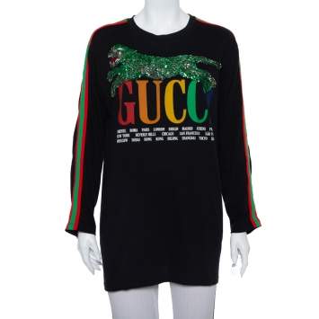 Pre Owned Gucci Black Logo Printed Knit Sequin Embellished Tiger Detail Long Sleeve T-Shirt XS