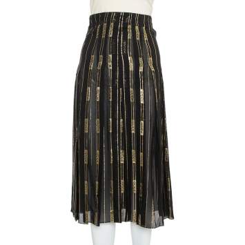 Pre Owned Gucci X Dapper Dan Black & Gold Silk Logo Detail Pleated Midi Skirt XS