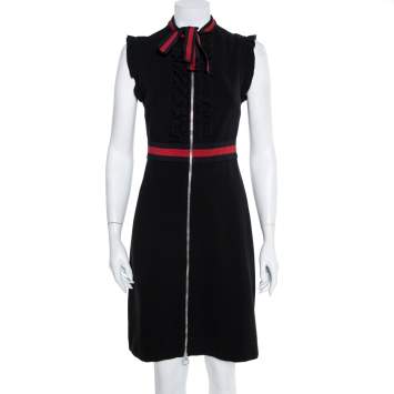 Pre Owned Gucci Black Jersey Trim Detail Ruffled Midi Dress M