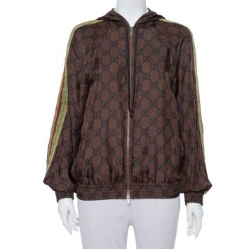 Pre Owned Gucci Brown Guccissima Printed Silk Stripe Detail Hooded Jacket XS