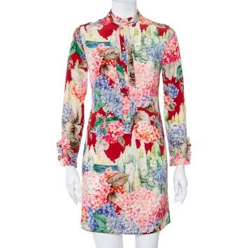 Pre Owned Gucci Multicolor Hydrangea Printed Silk Neck Tie Detail Shirt Dress S