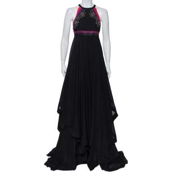 Pre Owned Gucci Black Embellished Silk Cutaway Asymmetrical Layered Gown S