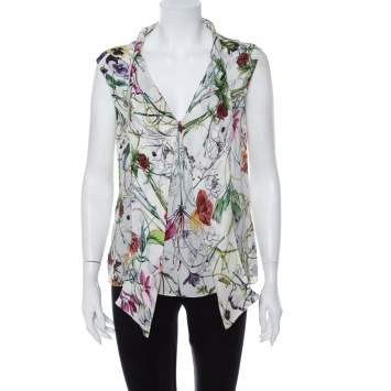 Pre Owned Gucci White Floral Printed Silk Neck Tie Detail Sleeveless Top M