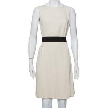 Pre Owned Gucci Cream Crepe Pleated Hem Detail Belted Sleeveless Dress M