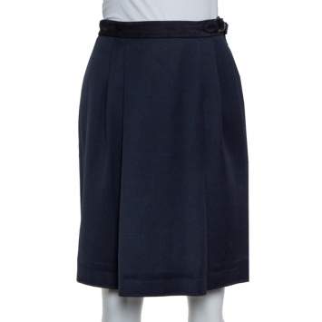 Pre Owned Gucci Vintage Navy Blue Wool Pleated Wrap Detail Knee Length Skirt S