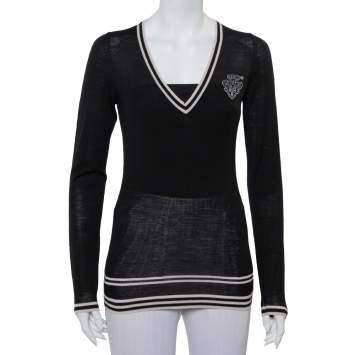 Pre Owned Gucci Black Wool Striped Detail V-Neck Sweater L