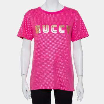 Pre Owned Gucci Fuchsia Star & Guccy Logo Printed Cotton Crewneck T-shirt XS