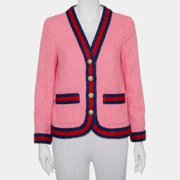 Pre Owned Gucci Pink Tweed Striped Detail Pearl Button Front Jacket M
