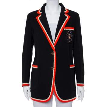 Pre Owned Gucci Black Crepe Fox Badge Contrast Trim Detail Blazer M