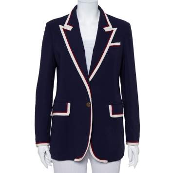 Pre Owned Gucci Navy Blue Crepe Contrast Trim Detail Button Front Blazer L