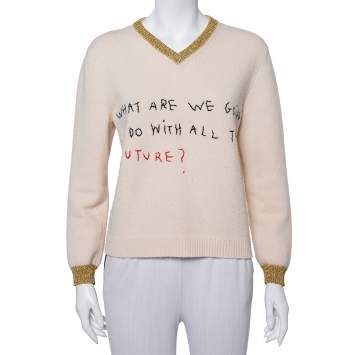 Pre Owned Gucci X Coco Capitán Beige Wool Embroidered Lurex Trim Detail Sweater M