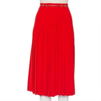 Pre Owned Gucci Red Wool Pleated Leather Belt Detail Midi Skirt M