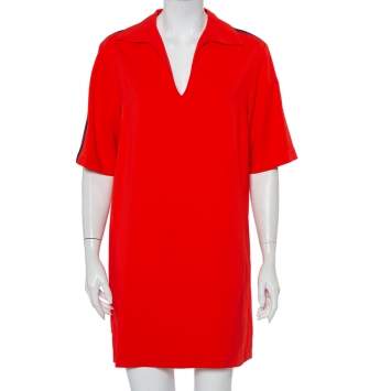 Pre Owned Gucci Red Crepe Shoulder Strip Detail Collared Tunic S