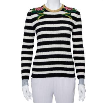 Pre Owned Gucci Monochrome Striped Knit Floral Embroidered Applique Sweater S