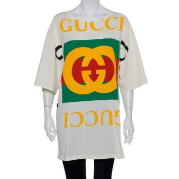 Pre Owned Gucci Cream Cotton Logo Printed T-Shirt Dress XS