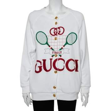 Pre Owned Gucci White Cotton & Silk Tennis Racket Embroidered Button Front Reversible Jacket S