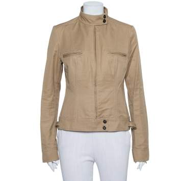 Pre Owned Gucci Camel Brown Cotton Canvas Stand Collar Jacket M