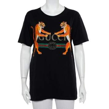 Pre Owned Gucci Black Cotton Tiger Logo Printed Crewneck T-Shirt S