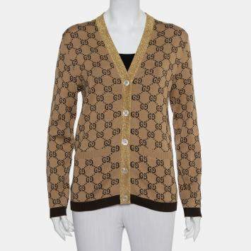 Pre Owned Gucci Beige Logo Monogram Wool Metallic Trim Detail Button Front Cardigan S