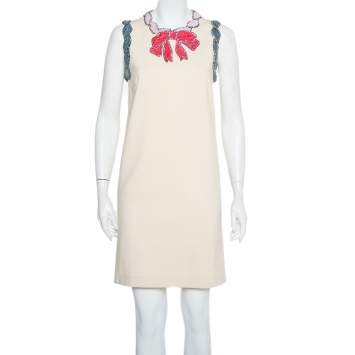 Pre Owned Gucci Cream Knit Crystal Embellished Velvet Trim Detail Shift Dress M