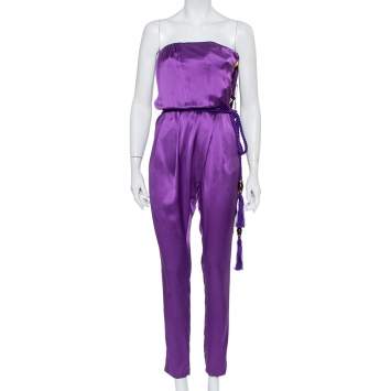 Pre Owned Gucci Purple Silk Satin Belted Bustier Detail Strapless Jumpsuit S