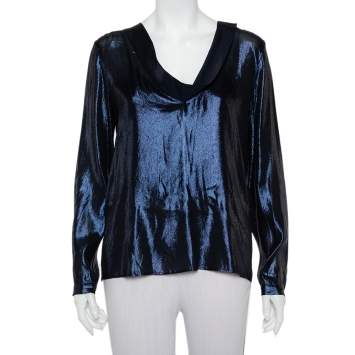 Pre Owned Gucci Metallic Blue Slit Back Detail Long Sleeve Blouse M