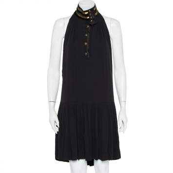 Pre Owned Gucci Black Silk Contrast Trim Detail Halter Neck Shift Dress M