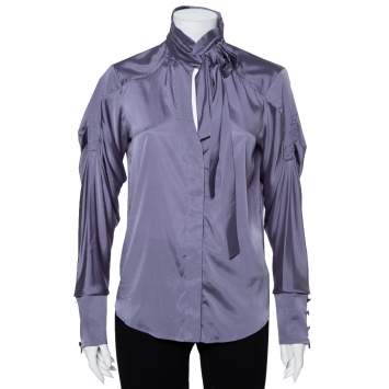 Pre Owned Gucci Grey Silk Neck Bow Tie Detail Button Front Shirt M