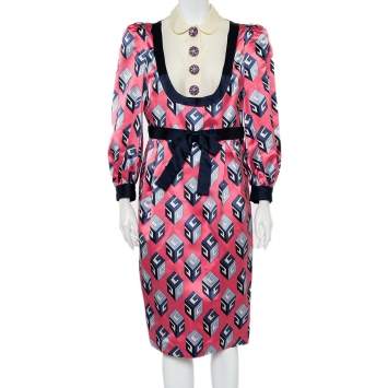 Pre Owned Gucci Pink Cube Printed Silk Satin Belted Midi Dress M