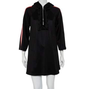 Pre Owned Gucci Black Jersey Logo tape Detail Ruffled Neck Hooded Oversized Sweater Dress XS