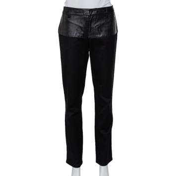 Pre Owned Gucci Black Cotton Fitted Leather Trim Tapered Leg Pants M