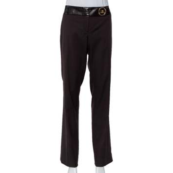Pre Owned Gucci Brown Wool & Leather Trim Straight Leg Trousers XL