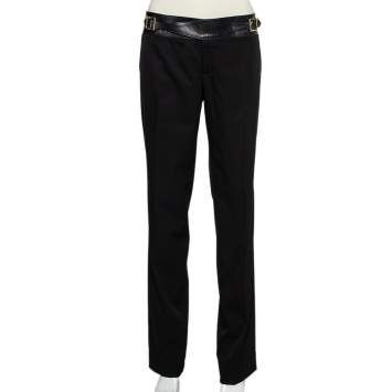 Pre Owned Gucci Black Wool & Leather Trim Tapered Leg Trousers M