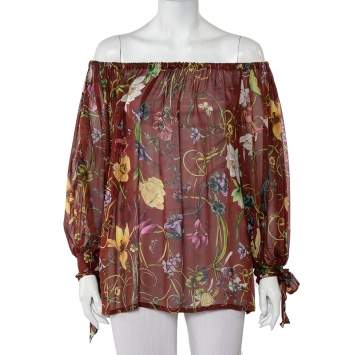 Pre Owned Gucci Brown Flora Print Silk Chiffon off Shoulder Top S