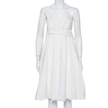 Pre Owned Gucci White Cotton One Shoulder Draped Detail Midi Dress S