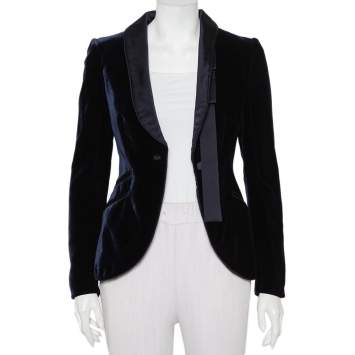 Pre Owned Gucci Navy Blue Velvet Satin trim Button Front Blazer S