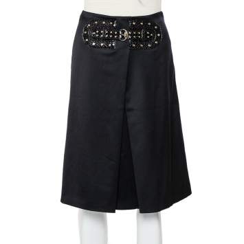 Pre Owned Gucci Black Wool Pleated Detail Belted Skirt S